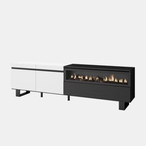 Móvel de TV, Muito espaço de arrumação, 200x35x57cm, Para televisores até 80, Lareira eléctrica, Design industrial, Estilo moderno, Branco e preto