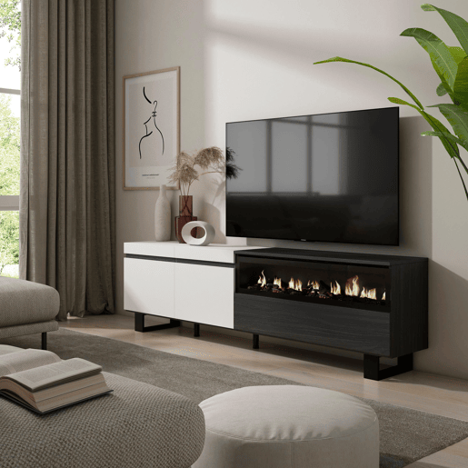 Móvel de TV, Muito espaço de arrumação, 200x35x57cm, Para televisores até 80, Lareira eléctrica, Design industrial, Estilo moderno, Branco e preto Móvel de TV, Muito espaço de arrumação, 200x35x57cm, Para televisores até 80, Lareira eléctrica, Design industrial, Estilo moderno, Branco e preto