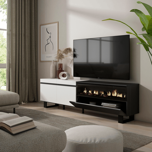 Móvel de TV, Muito espaço de arrumação, 200x35x57cm, Para televisores até 80, Lareira eléctrica, Design industrial, Estilo moderno, Branco e preto Móvel de TV, Muito espaço de arrumação, 200x35x57cm, Para televisores até 80, Lareira eléctrica, Design industrial, Estilo moderno, Branco e preto