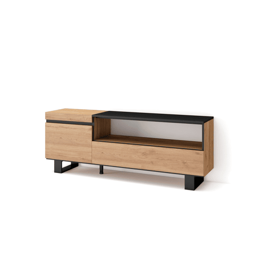 Móvel de TV, Muito espaço de arrumação, 150x35x57cm, Para televisores até 65, Design industrial, Estilo moderno, Carvalho e preto
