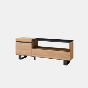 Móvel de TV, Muito espaço de arrumação, 150x35x57cm, Para televisores até 65, Design industrial, Estilo moderno, Carvalho e preto