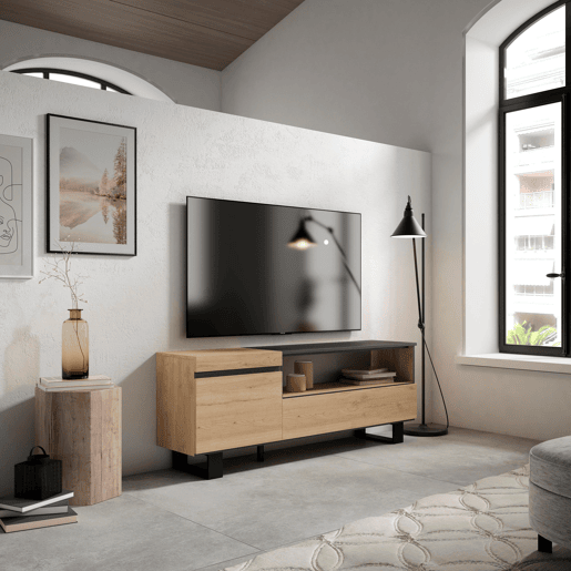Móvel de TV, Muito espaço de arrumação, 150x35x57cm, Para televisores até 65, Design industrial, Estilo moderno, Carvalho e preto