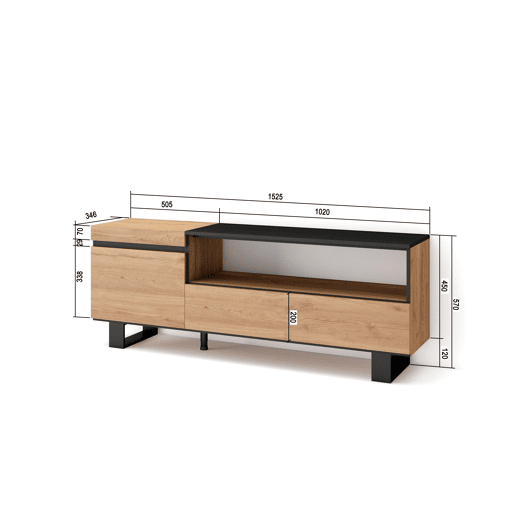 Móvel de TV, Muito espaço de arrumação, 150x35x57cm, Para televisores até 65, Design industrial, Estilo moderno, Carvalho e preto