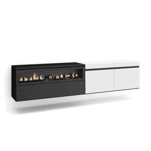 Móvel de TV, Muito espaço de arrumação, 200x35x45cm, Para televisores até 80, Lareira eléctrica, Suspensos, Estilo moderno, Branco e preto Móvel de TV, Muito espaço de arrumação, 200x35x45cm, Para televisores até 80, Lareira eléctrica, Suspensos, Estilo moderno, Branco e preto