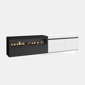 Móvel de TV, Muito espaço de arrumação, 200x35x45cm, Para televisores até 80, Lareira eléctrica, Suspensos, Estilo moderno, Branco e preto