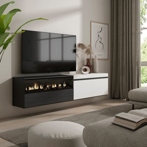 Móvel de TV, Muito espaço de arrumação, 200x35x45cm, Para televisores até 80, Lareira eléctrica, Suspensos, Estilo moderno, Branco e preto Móvel de TV, Muito espaço de arrumação, 200x35x45cm, Para televisores até 80, Lareira eléctrica, Suspensos, Estilo moderno, Branco e preto