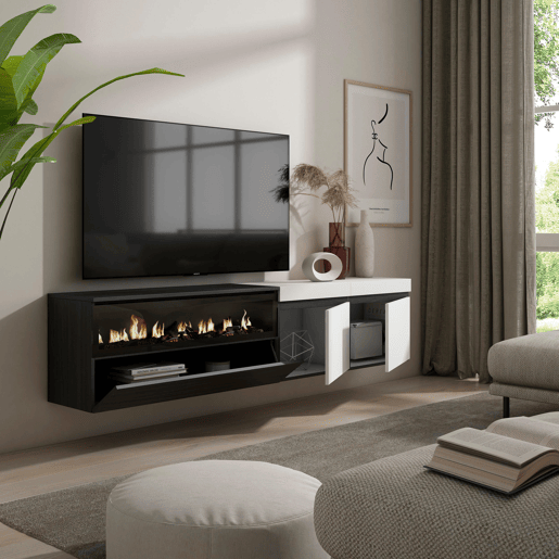 Móvel de TV, Muito espaço de arrumação, 200x35x45cm, Para televisores até 80, Lareira eléctrica, Suspensos, Estilo moderno, Branco e preto Móvel de TV, Muito espaço de arrumação, 200x35x45cm, Para televisores até 80, Lareira eléctrica, Suspensos, Estilo moderno, Branco e preto