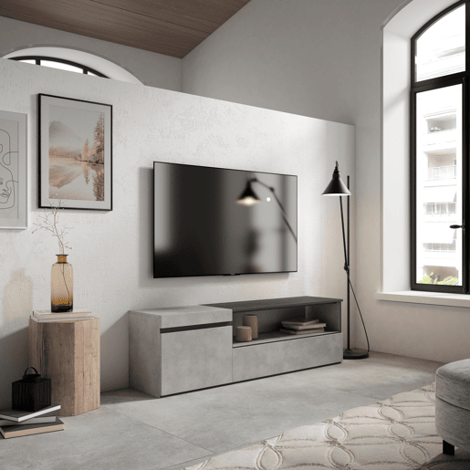 Móvel de TV, Muito espaço de arrumação, 150x35x45cm, Para televisores até 65, Estante para TV, Estilo moderno, Cimento