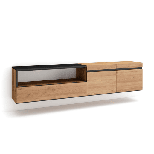 Móvel de TV, Muito espaço de arrumação, 200x35x45cm, Para televisores até 80, Suspensos, Estilo moderno, Carvalho e preto