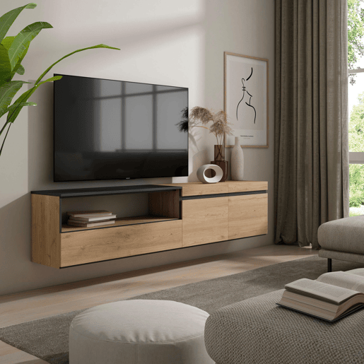 Móvel de TV, Muito espaço de arrumação, 200x35x45cm, Para televisores até 80, Suspensos, Estilo moderno, Carvalho e preto