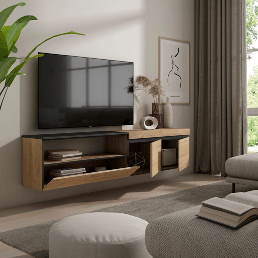 Móvel de TV, Muito espaço de arrumação, 200x35x45cm, Para televisores até 80, Suspensos, Estilo moderno, Carvalho e preto