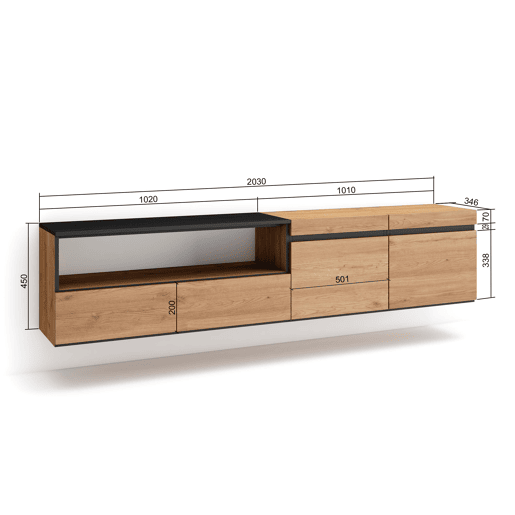 Móvel de TV, Muito espaço de arrumação, 200x35x45cm, Para televisores até 80, Suspensos, Estilo moderno, Carvalho e preto