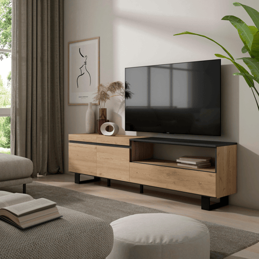 Móvel de TV, Muito espaço de arrumação, 200x35x57cm, Para televisores até 80, Design industrial, Estilo moderno, Carvalho e preto