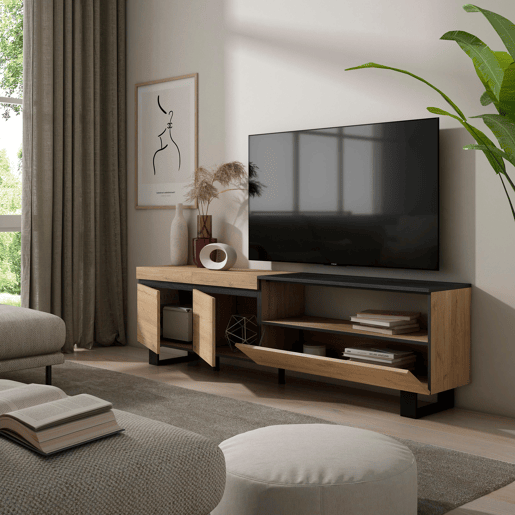 Móvel de TV, Muito espaço de arrumação, 200x35x57cm, Para televisores até 80, Design industrial, Estilo moderno, Carvalho e preto