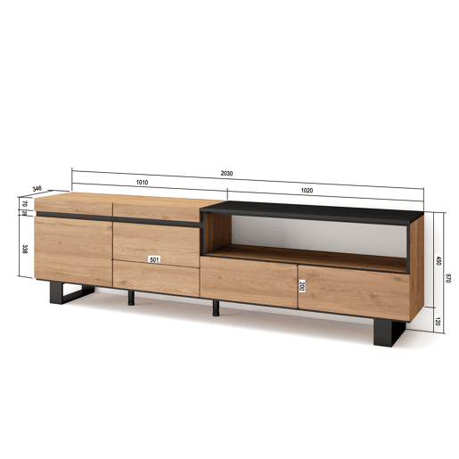 Móvel de TV, Muito espaço de arrumação, 200x35x57cm, Para televisores até 80, Design industrial, Estilo moderno, Carvalho e preto