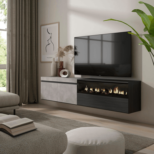 Móvel de TV, Muito espaço de arrumação, 200x35x45cm, Para televisores até 80, Lareira eléctrica, Suspensos, Estilo moderno, Cimento Móvel de TV, Muito espaço de arrumação, 200x35x45cm, Para televisores até 80, Lareira eléctrica, Suspensos, Estilo moderno, Cimento