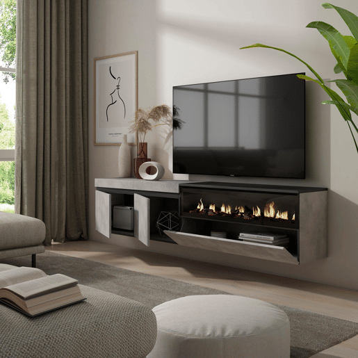 Móvel de TV, Muito espaço de arrumação, 200x35x45cm, Para televisores até 80, Lareira eléctrica, Suspensos, Estilo moderno, Cimento Móvel de TV, Muito espaço de arrumação, 200x35x45cm, Para televisores até 80, Lareira eléctrica, Suspensos, Estilo moderno, Cimento