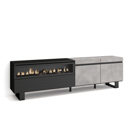 Móvel de TV, Muito espaço de arrumação, 200x35x57cm, Para televisores até 80, Lareira eléctrica, Design industrial, Estilo moderno, Cimento
