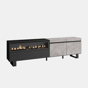 Móvel de TV, Muito espaço de arrumação, 200x35x57cm, Para televisores até 80, Lareira eléctrica, Design industrial, Estilo moderno, Cimento