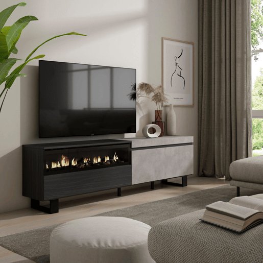 Móvel de TV, Muito espaço de arrumação, 200x35x57cm, Para televisores até 80, Lareira eléctrica, Design industrial, Estilo moderno, Cimento