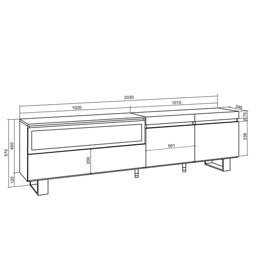 Móvel de TV, Muito espaço de arrumação, 200x35x57cm, Para televisores até 80, Lareira eléctrica, Design industrial, Estilo moderno, Cimento