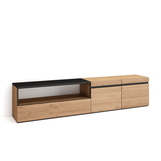 Móvel de TV, Muito espaço de arrumação, 200x35x45cm, Para televisores até 80, Estante para TV, Estilo moderno, Carvalho e preto