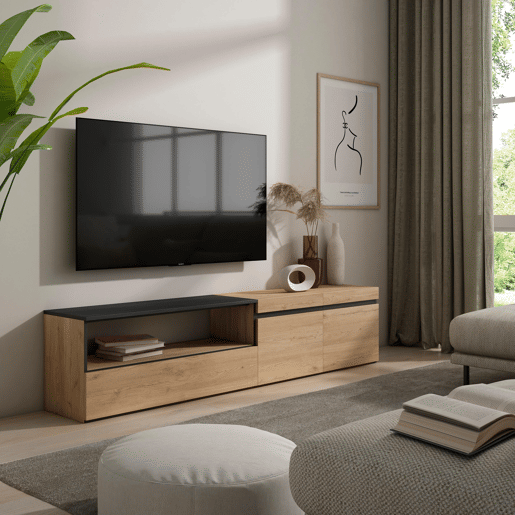 Móvel de TV, Muito espaço de arrumação, 200x35x45cm, Para televisores até 80, Estante para TV, Estilo moderno, Carvalho e preto