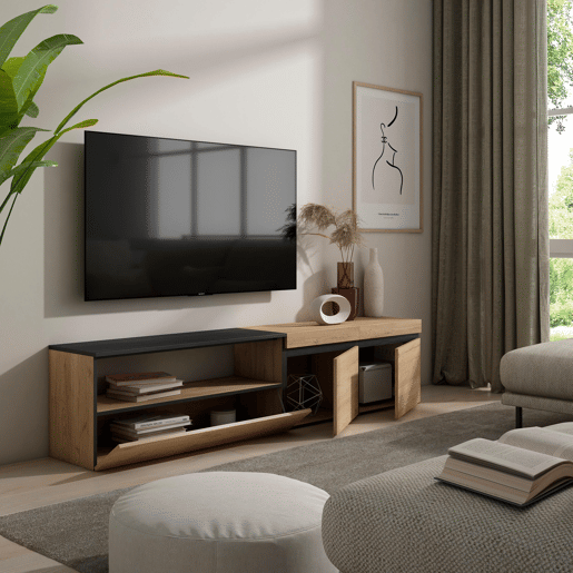 Móvel de TV, Muito espaço de arrumação, 200x35x45cm, Para televisores até 80, Estante para TV, Estilo moderno, Carvalho e preto
