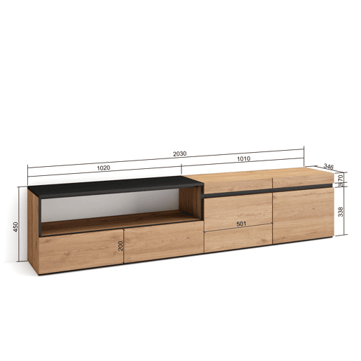 Móvel de TV, Muito espaço de arrumação, 200x35x45cm, Para televisores até 80, Estante para TV, Estilo moderno, Carvalho e preto