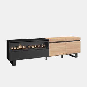 Móvel de TV, Muito espaço de arrumação, 200x35x57cm, Para televisores até 80, Lareira eléctrica, Design industrial, Estilo moderno, Carvalho e preto