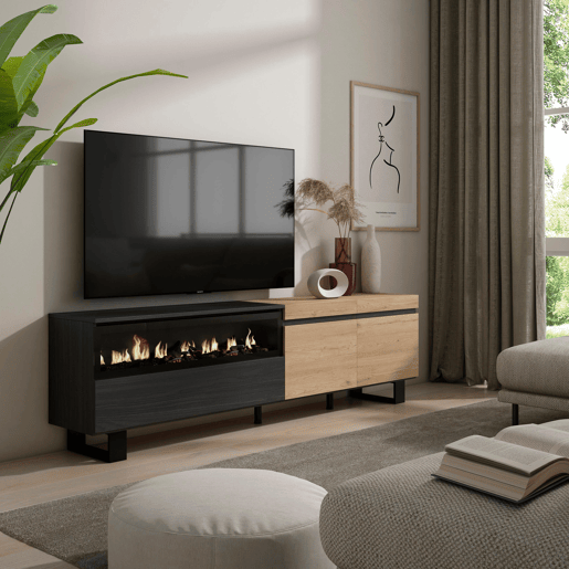 Móvel de TV, Muito espaço de arrumação, 200x35x57cm, Para televisores até 80, Lareira eléctrica, Design industrial, Estilo moderno, Carvalho e preto