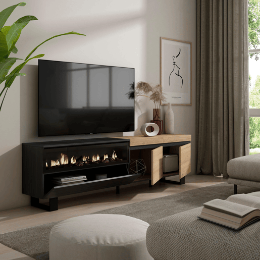 Móvel de TV, Muito espaço de arrumação, 200x35x57cm, Para televisores até 80, Lareira eléctrica, Design industrial, Estilo moderno, Carvalho e preto