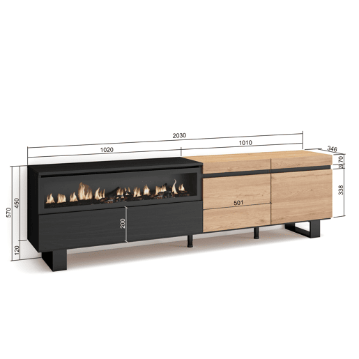 Móvel de TV, Muito espaço de arrumação, 200x35x57cm, Para televisores até 80, Lareira eléctrica, Design industrial, Estilo moderno, Carvalho e preto