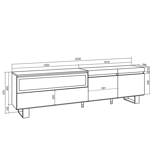 Móvel de TV, Muito espaço de arrumação, 200x35x57cm, Para televisores até 80, Lareira eléctrica, Design industrial, Estilo moderno, Carvalho e preto