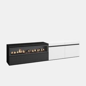 Móvel de TV, Muito espaço de arrumação, 200x35x45cm, Para televisores até 80, Lareira eléctrica, Estilo moderno, Branco e preto