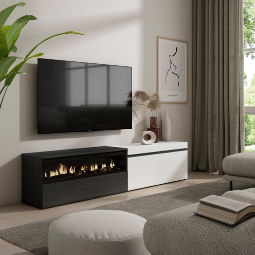 Móvel de TV, Muito espaço de arrumação, 200x35x45cm, Para televisores até 80, Lareira eléctrica, Estilo moderno, Branco e preto