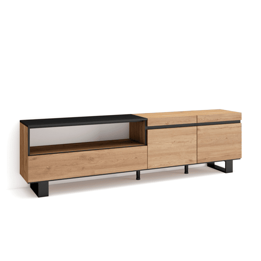 Móvel de TV, Muito espaço de arrumação, 200x35x57cm, Para televisores até 80, Design industrial, Estilo moderno, Carvalho e preto