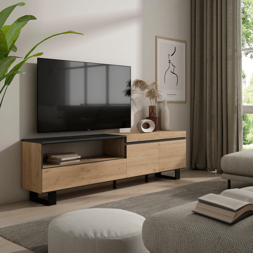 Móvel de TV, Muito espaço de arrumação, 200x35x57cm, Para televisores até 80, Design industrial, Estilo moderno, Carvalho e preto