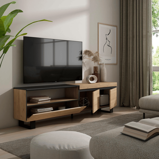 Móvel de TV, Muito espaço de arrumação, 200x35x57cm, Para televisores até 80, Design industrial, Estilo moderno, Carvalho e preto