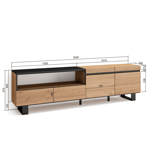 Móvel de TV, Muito espaço de arrumação, 200x35x57cm, Para televisores até 80, Design industrial, Estilo moderno, Carvalho e preto