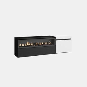 Móvel de TV, Muito espaço de arrumação, 150x35x45cm, Para televisores até 65, Lareira eléctrica, Suspensos, Estilo moderno, Branco e preto
