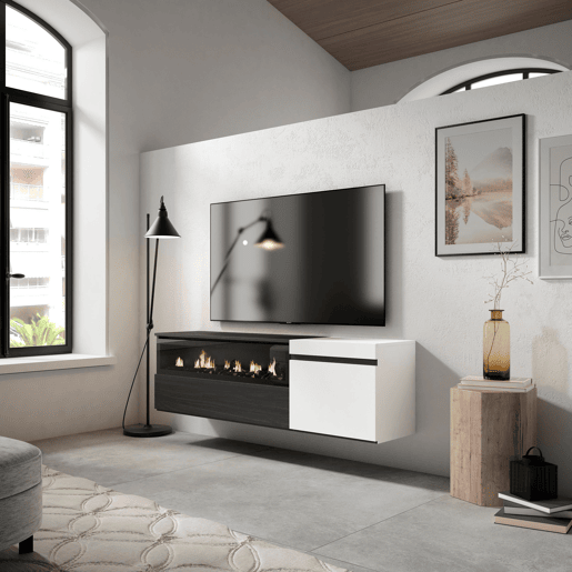 Móvel de TV, Muito espaço de arrumação, 150x35x45cm, Para televisores até 65, Lareira eléctrica, Suspensos, Estilo moderno, Branco e preto