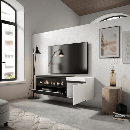 Móvel de TV, Muito espaço de arrumação, 150x35x45cm, Para televisores até 65, Lareira eléctrica, Suspensos, Estilo moderno, Branco e preto