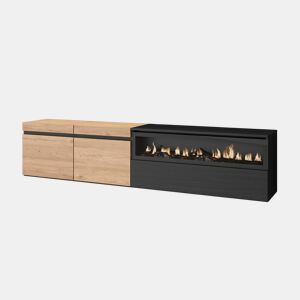 Móvel de TV, Muito espaço de arrumação, 200x35x45cm, Para televisores até 80, Lareira eléctrica, Suspensos, Estilo moderno, Carvalho e preto