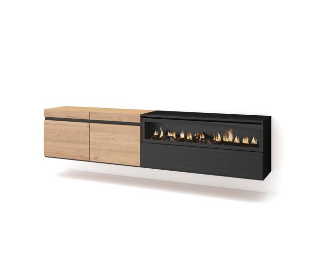 Mueble tv, televisión, muebles de salón, almacenaje, 200x35x45cm, para tv hasta 80", chimenea eléctrica, colgado, suspendido, estilo moderno, roble y negro