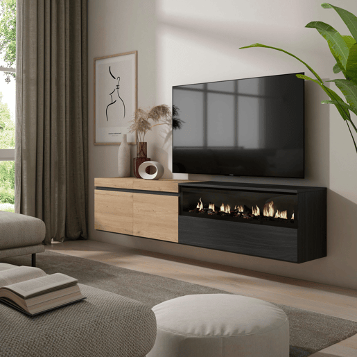 Móvel de TV, Muito espaço de arrumação, 200x35x45cm, Para televisores até 80, Lareira eléctrica, Suspensos, Estilo moderno, Carvalho e preto