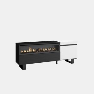 Móvel de TV, Muito espaço de arrumação, 150x35x57cm, Para televisores até 65, Lareira eléctrica, Design industrial, Estilo moderno, Branco e preto