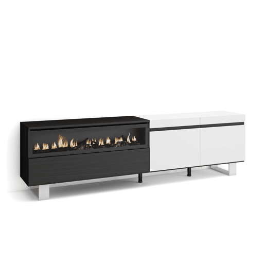 Móvel de TV, Muito espaço de arrumação, 200x35x57cm, Para televisores até 80, Lareira eléctrica, Design industrial, Estilo moderno, Branco e preto