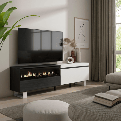 Móvel de TV, Muito espaço de arrumação, 200x35x57cm, Para televisores até 80, Lareira eléctrica, Design industrial, Estilo moderno, Branco e preto