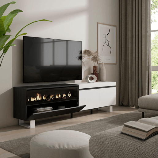 Móvel de TV, Muito espaço de arrumação, 200x35x57cm, Para televisores até 80, Lareira eléctrica, Design industrial, Estilo moderno, Branco e preto